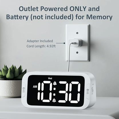 Digital Dual Alarm Clock for Bedroom, Easy to Set, 0-100% Dimmer, USB Charger, 5 Sound Adjustable Volume, Weekday/Weekend Mode, Snooze, 12/24Hr, Battery Backup, Compact Clock for Bedside(White)