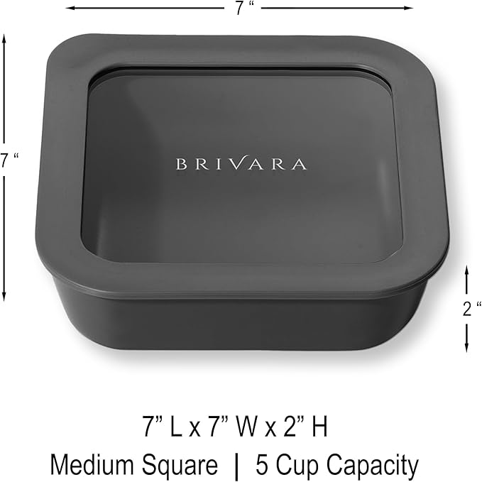 BRIVARA HOME Ceramic Coated Glass Food Storage Container | No PTFE, PFOA, PFAS, and BPA | Reusable Non Toxic Meal Prep Container with Glass Lid | Easy To Store | 5 Cup Square [Onyx]