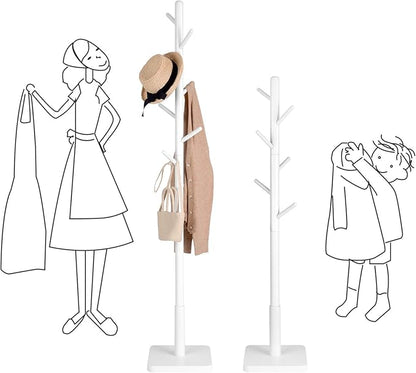 VASAGLE Solid Wood Coat Rack, Free Standing Hall Coat Tree with 8 Hooks, 3 Height Options, for Coats, Hats, Bags, Purses, for Entryway, Hallway, Rubberwood Hooks and Pole, Cloud White URCR010W02