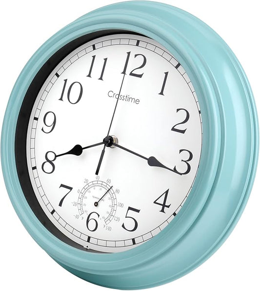 12 Inch Outdoor Clock Waterproof with Thermometer,Vintage Indoor Outdoor Wall Clocks for Patio, Pool, Garden, Bathroom Wall Decor - Teal
