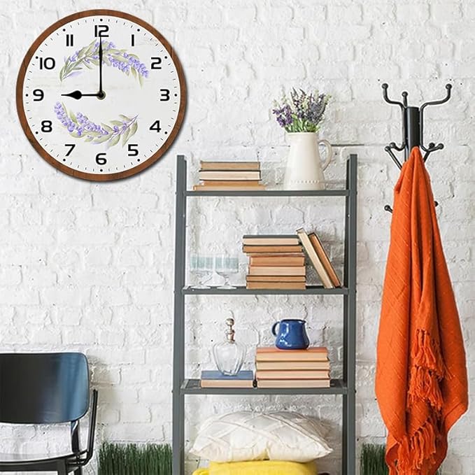 Purple Flowers Wall Clock 10 Inch Silent Non Ticking Battery Operated Wooden Modern Office Simple Minimalist Clock Decorative for Kitchen Home Bathroom Living Room