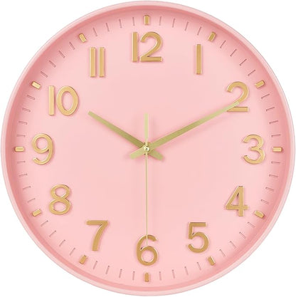 HZDHCLH Wall Clocks Battery Operated,Wall Clock Pink Gold 12 inch Wall Clock Silent Non Ticking Modern 3D Numbers for Office Kitchen Classroom Bedroom Living Room Decor