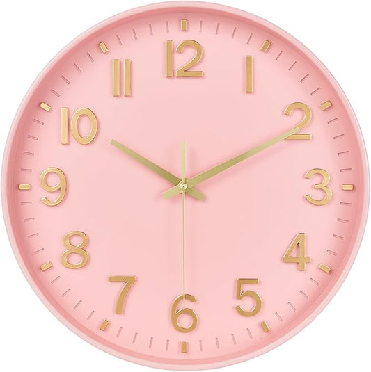HZDHCLH Wall Clocks Battery Operated,Wall Clock Pink Gold 12 inch Wall Clock Silent Non Ticking Modern 3D Numbers for Office Kitchen Classroom Bedroom Living Room Decor