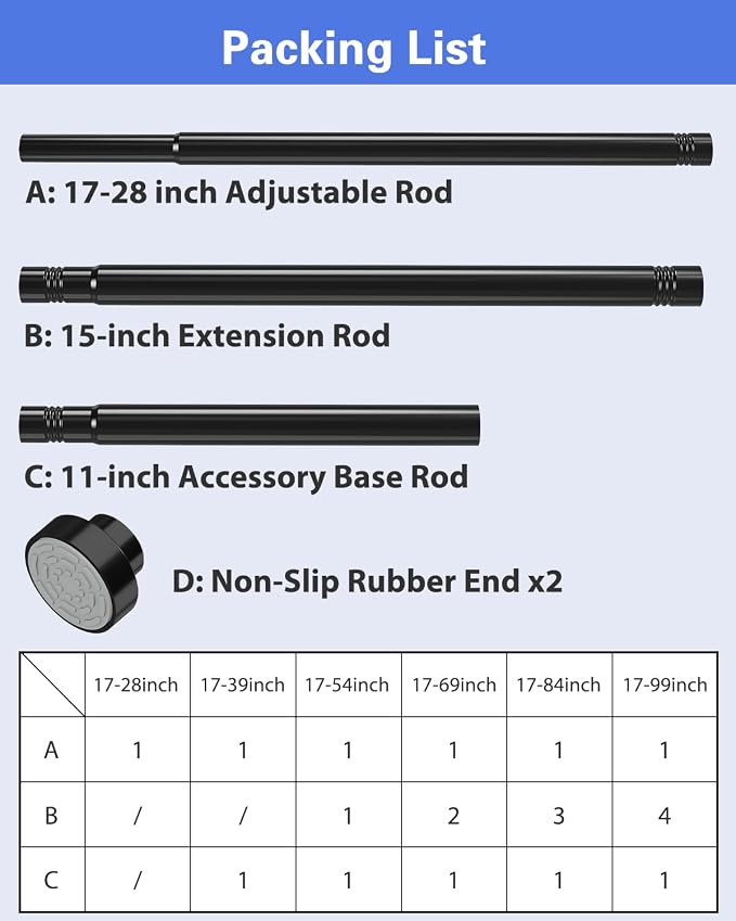 Supforce No Drilling Closet Rods for Hanging Clothes, Non Slip Tension Rod with Heavy Duty Clothes Hanging Rod, 17-39 Inches Adjustable Spring Closet Rod for Closet Wardrobe Bathroom Laundry RV, Black