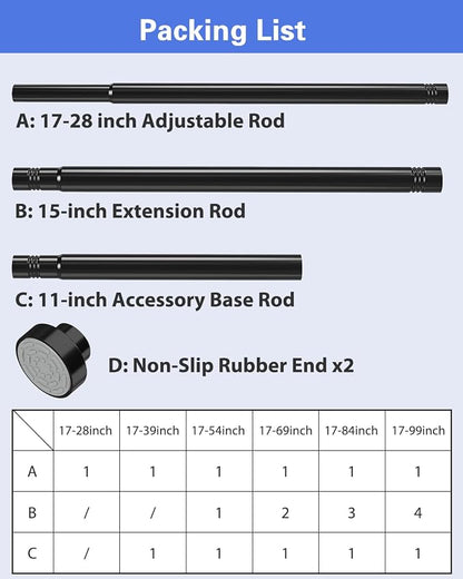 Supforce No Drilling Closet Rods for Hanging Clothes, Non Slip Tension Rod with Heavy Duty Clothes Hanging Rod, 17-99 Inches Adjustable Spring Closet Rod for Closet Wardrobe Bathroom Laundry RV, Black