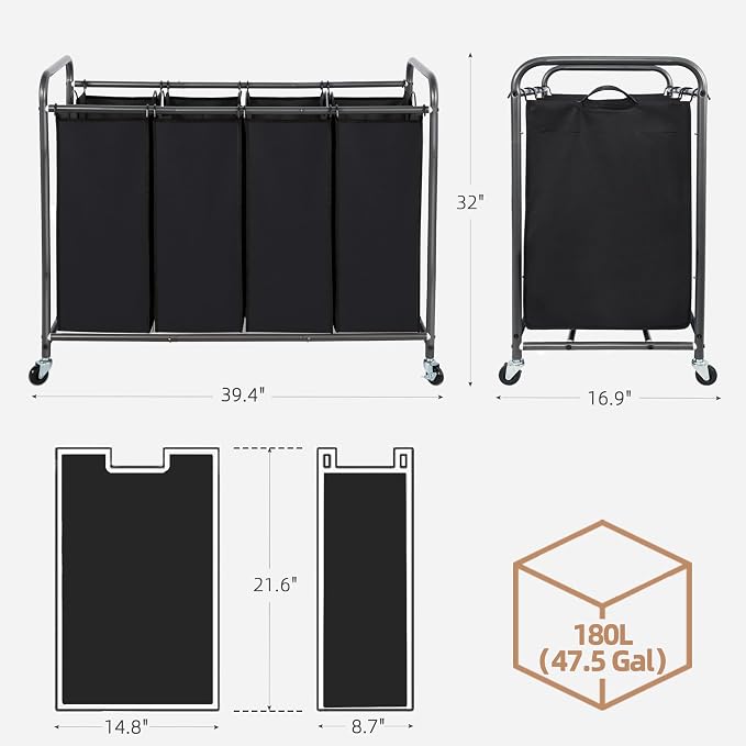 STORAGE MANIAC Laundry Sorter 4 Section, 47.8 Gal (181 L) Laundry Hamper with Wheels, Clothes Divider Basket Sorter, Clothes Separator Hamper Cart with Wheels and Removable Bags, Black