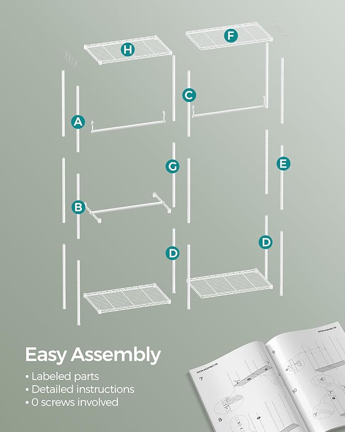 SONGMICS Clothes Rack, Freestanding Wardrobe Closet, Metal Clothing Racks, Heavy-Duty Garment Rack with Adjustable Shelves, Hanging Rods, Dividable, 15.8 x 47.2 x 70.9 Inches, Cloud White ULGR423W01