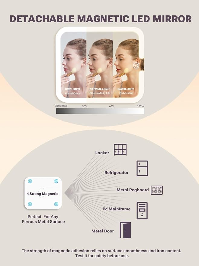 Qislee Makeup Box with A Detachable Lighted Mirror, Waterproof Travel Train Case, Cosmetic Organizer Bag and Makeup Suitcase with Adjustable Dividers, Magnetic LED Mirror (Bling Gold)