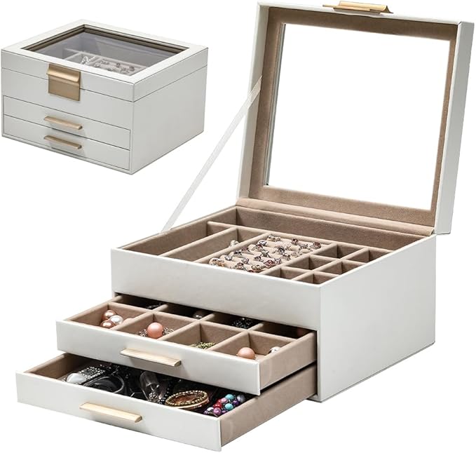 Jewelry Boxes with Glass Lid Display PU Leather Elegant Jewelry Organizer Women Multiple Drawers Stylish Storage Men for Rings Necklaces Accessories GY807 (White)