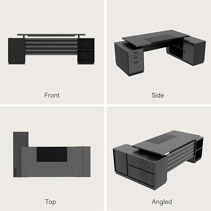 L Shaped Desk with Drawers for Home, 78-Inch Executive Office Desk with Power Outlet, Large Home Office Desks with Open Shelf and Storage Cabinet for Home, Grey Black