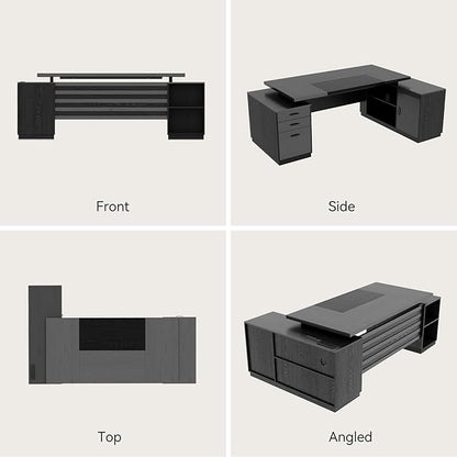 L Shaped Desk with Drawers for Home, 78-Inch Executive Office Desk with Power Outlet, Large Home Office Desks with Open Shelf and Storage Cabinet for Home, Grey Black