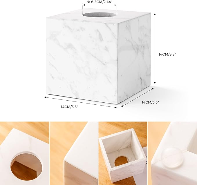 N NANSHOP Natural Marble Tissue Box Holder Cover, Square Cube Tissue Box Holder with Open Bottom for Bathroom Vanity Tops, Bedroom Dressers, Kitchen Countertop, White Tissue Box(NS021)