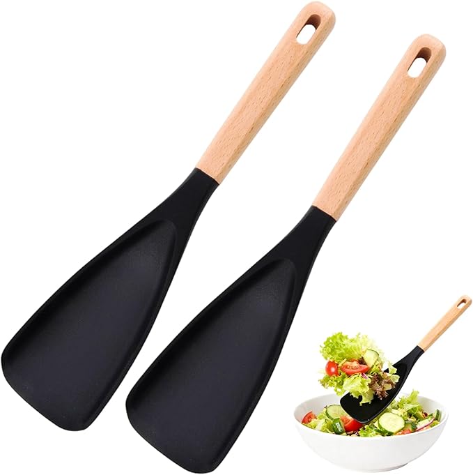 2PCS Cedar and Ash Spoon, Multifunction Nonstick Cookwares Spatula Cooking Spoon, Matte Silicone, Wood Handle Spoon for Mixing, Scoop, and Scrape (Black)