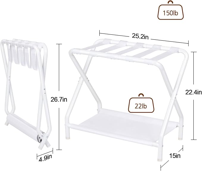 AMHANCIBLE Luggage Rack, Set of 2, Foldable Suitcase Stands for Guest Room, Metal Luggage Holder with Storage Shelf for Bedroom, Hotel, Easy Assemble, White HLR02WT