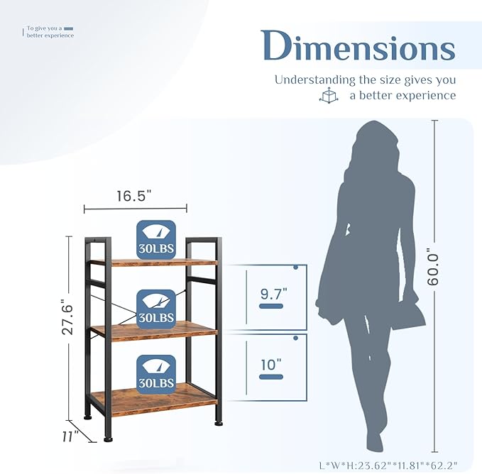 DUMOS 3 Tiers Bookshelf, Classical Book Shelf, Tall Display Shelves in Living Room/Home/Office, Storage Organizer for CDs/Books/Movies, Brown