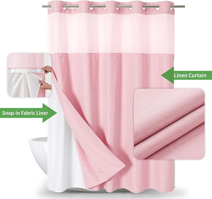 No Hooks Needed Linen Textured Shower Curtain with Snap-in Fabric Liner Set,Hotel Luxury Decor Shower Curtains for Bathroom with Mesh Top Window,Waterproof & Washable,71Wx74H,Pink