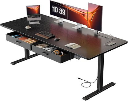 HLDIRECT Electric Standing Desk, Extra Large 71 x 31.5 Inches Height Adjustable Table with Outlets, Sit Stand Computer Desk with Drawers for Home Office, Ergonomic Rising Workstation, Black