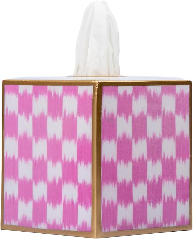 Jaye’s Studio Ikat Checkered Tissue Box Cover Gold Trim, Pink & White Tissue Box Cover Square, Facial Tissue Holder, Enamel Tissue Box Holder for Bathroom Vanity, Bedroom, Office, Checkered Home Decor