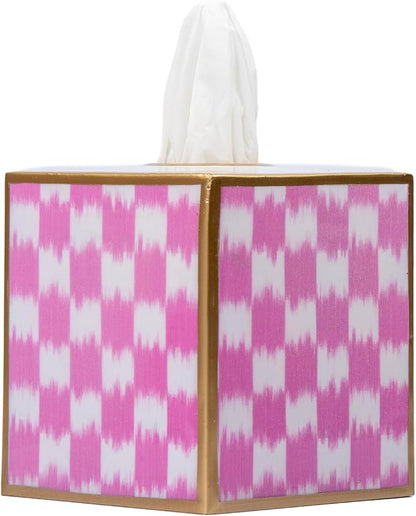 Jaye’s Studio Ikat Checkered Tissue Box Cover Gold Trim, Pink & White Tissue Box Cover Square, Facial Tissue Holder, Enamel Tissue Box Holder for Bathroom Vanity, Bedroom, Office, Checkered Home Decor