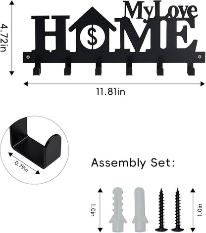 Key Holder Wall Mounted with Screws and Anchors, Black Multifunctional Key Hanger with 6 Hooks, Entryway Front Door Kitchen Hallway Garage Office