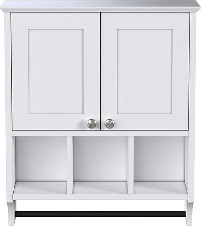 Bathroom Medicine Cabinet, Bathroom Cabinet Wall Mounted Over-The-Toilet with Towel Bar, 2 Doors & 3 Open Shelves, White