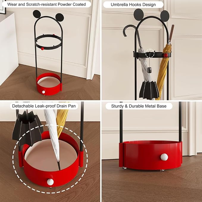 Umbrella Holder for Entryway, Cute Freestanding Metal Umbrella Stand with Removable Drip Tray & Hooks, Modern Decorative Umbrella Storage Rack Organizer for Home, Indoor, Living Room, Office, Hotel