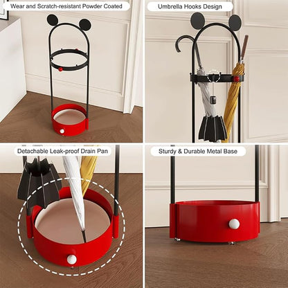 Umbrella Holder for Entryway, Cute Freestanding Metal Umbrella Stand with Removable Drip Tray & Hooks, Modern Decorative Umbrella Storage Rack Organizer for Home, Indoor, Living Room, Office, Hotel
