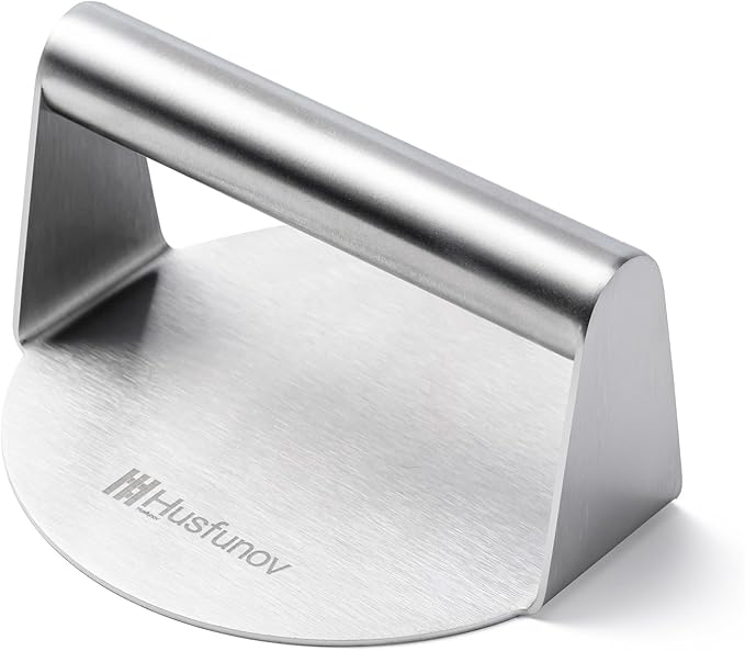 Husfunov Stainless Steel Burger Press, 5.5 Inch Round Smasher,Non-Stick Smooth Hamburger Press,Flat Bottom Without Ridges, for Cooking Burgers, Bacon, Ground Beef, Meats, Sausage and So On