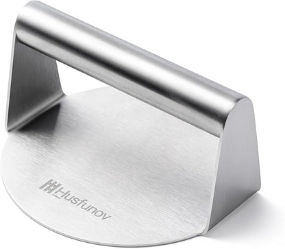 Husfunov Stainless Steel Burger Press, 5.5 Inch Round Smasher,Non-Stick Smooth Hamburger Press,Flat Bottom Without Ridges, for Cooking Burgers, Bacon, Ground Beef, Meats, Sausage and So On