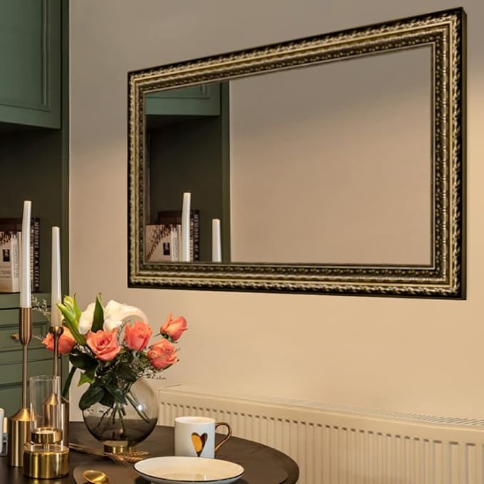 H-A Black&Gold Framed Rectangle Bathroom Mirrors for Wall,Wall Mounted Vintage Mirror Vertical or Horizontal Hanging for Living Room,Bedroom (40''x24''Vintage)