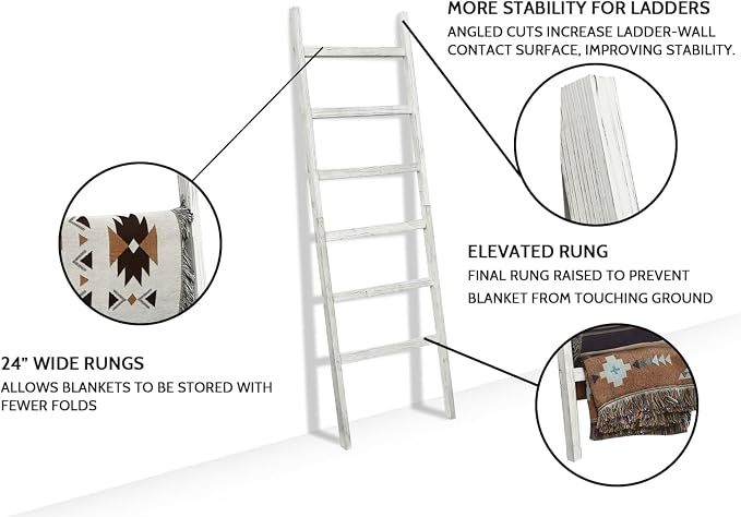 FUIN 6.4ft Extra Wide Wooden Blanket Ladder Living Room Decorative Wal Leaning Farmhouse Quilt Display Holder Rustic Wood Towel Rack for Bathroom, White, 24 inch Wide