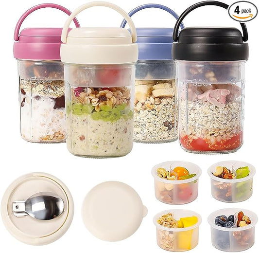 UWILLION 4 Pack Overnight Oats Containers with Handles, 16 oz Glass Mason Jars with Lids, Folding Spoons & Topping Compartments, Yogurt Parfait Cups for Weekly Meal Prep, Chia Pudding & Snacks