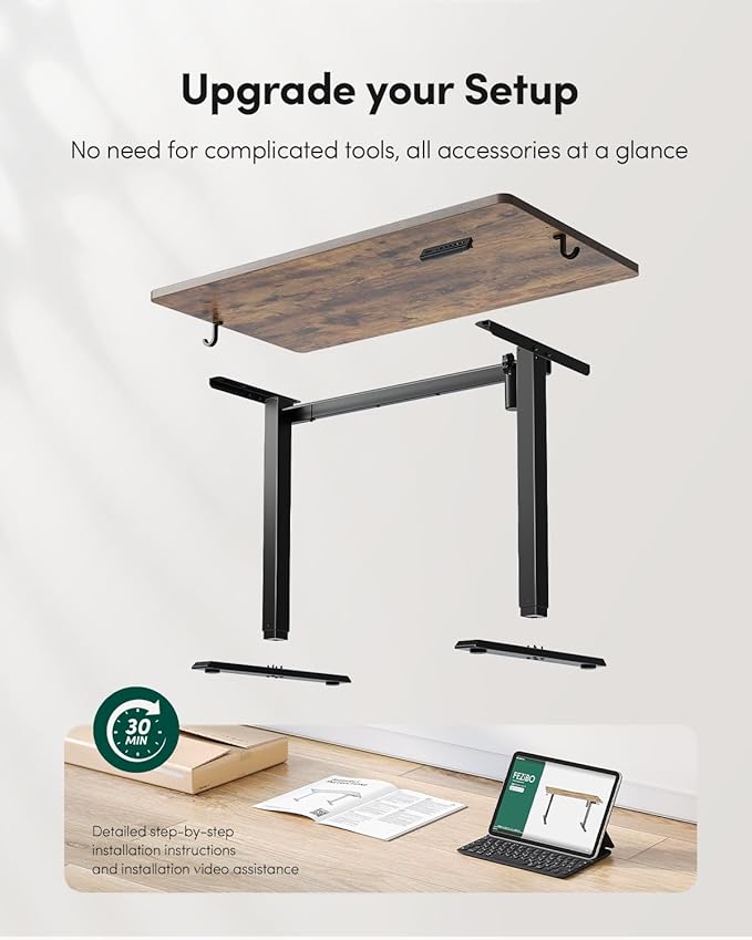 FEZIBO One-Piece Standing Desk Adjustable Height Stand up Home Office Desk, 55x24 Inch Electric Standing Computer Desk, with 4 Memory Presets, Headphone Hook, Rustic Brown