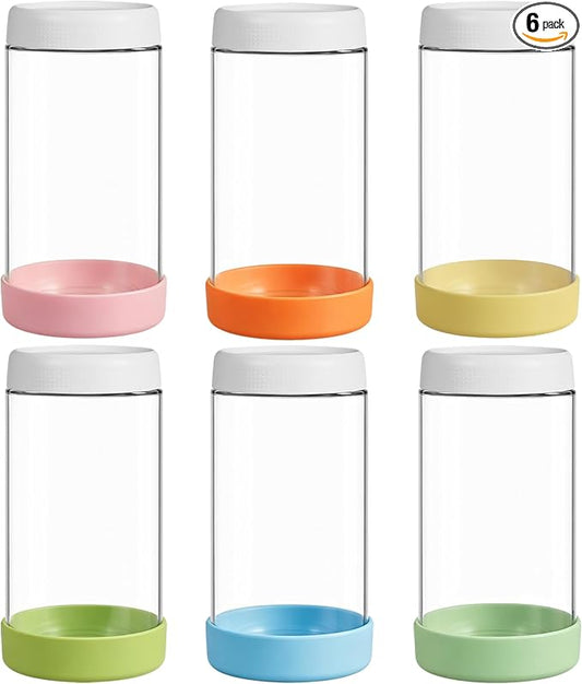 JohnBee 6-Pack 24 oz Glass Overnight Oats Containers with Airtight Lids and Silicone Sleeves - Wide Mouth Jars for Salad, Yogurt, pickles, Snacks, Spice & Sugar - Leakproof Glass Food Storage Jars