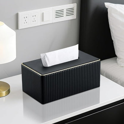 KINGFOM Rectangular Tissue Box Cover, PU Leather Tissue Box Holder with Magnetic Bottom, Napkin & Facial Tissue Holder Dispenser Decorative Box Cover for 120-count (3-Ply) 160-count (2-Ply) Black