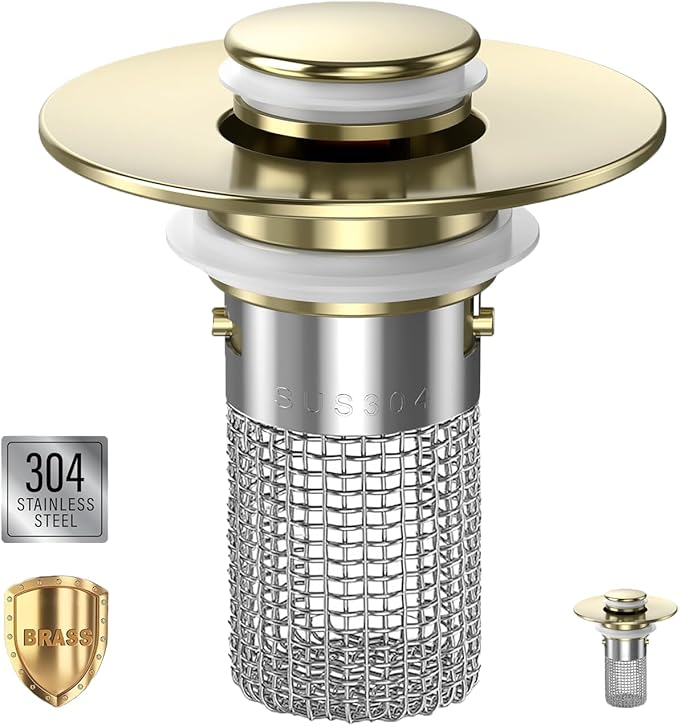 Sink Stopper Hair Catcher, Pop-up Sink Drain Strainer with Removable Stainless Steel Strainer Basket Hair Catcher, Bathroom Sink Strainer for Bathroom Sink Stopper Replacement(Brushed Gold-1PCS)