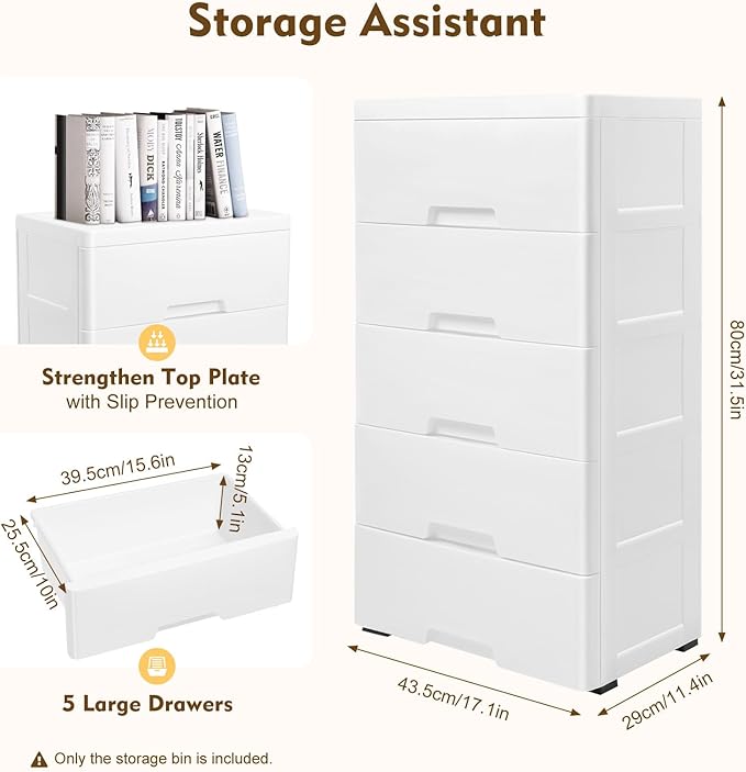 Plastic Dresser for Bedroom with 5 Drawers,Stackable Vertical Storage Tower, Small Dresser Chest of Drawers, Mobile Drawer Storage Cabinet with Wheels for Hallway Entryway,Bedroom Furniture (White)