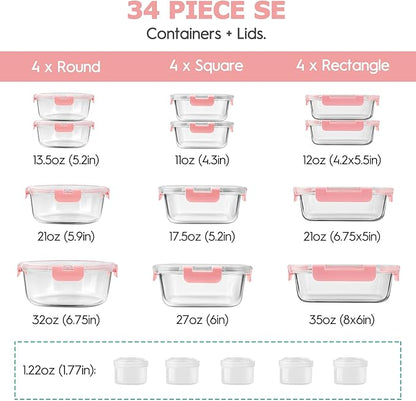 34pcs Glass Food Storage Containers with Lids Set, Airtight Glass Meal Prep Containers (17 Containers & 17 Lids), Leak Proof Lunch Container BPA-Free, Microwave, Oven, Freezer, Dishwasher Safe-PINK