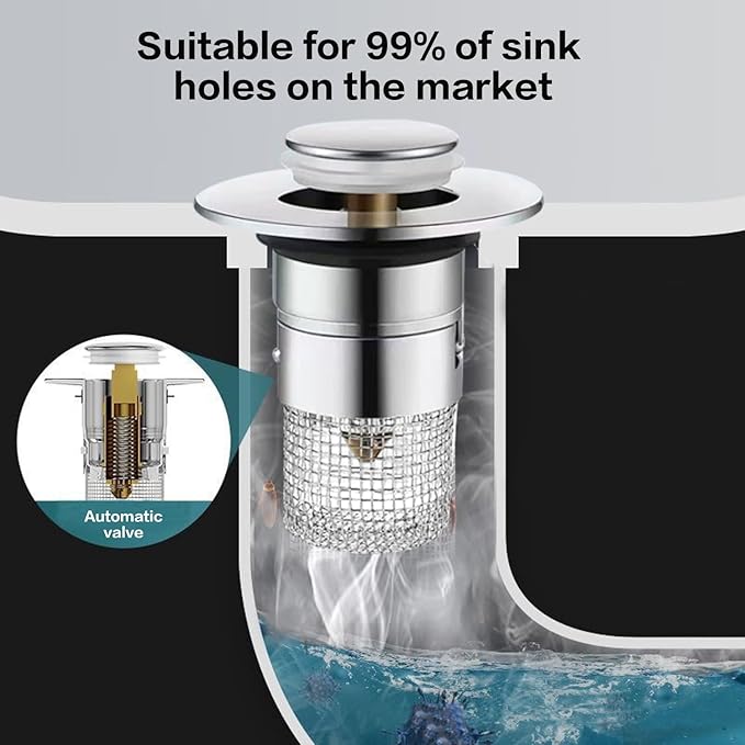 Bathroom Sink Drain Strainer, Pop Up Sink Drain Strainer with Removable Stainless Steel Filter Basket Hair Catcher, Universal Drain Plug for Bathroom Sink Stopper Replacement (2 pcs)