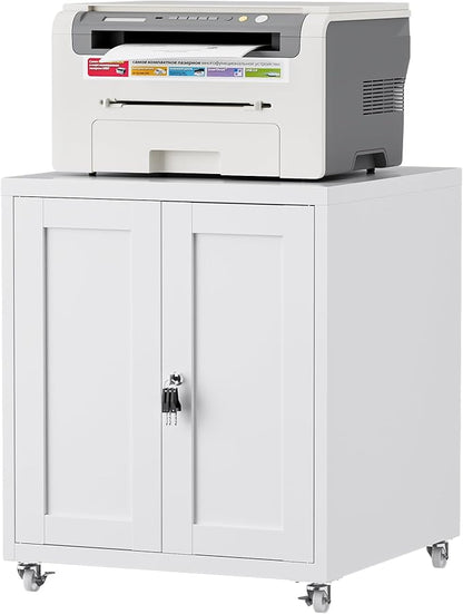 Large Printer Stand with Storage and Lock, 3D Heavy-Duty Printer Cabinet, Printer Table for Home Office with Doors and Adjustable Shelves, for Office Copier and Fax Machine, White