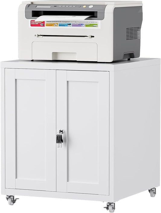 Large Printer Stand with Storage and Lock, 3D Heavy-Duty Printer Cabinet, Printer Table for Home Office with Doors and Adjustable Shelves, for Office Copier and Fax Machine, White