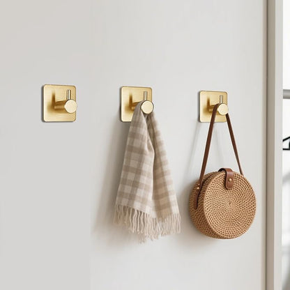 Gold Adhesive Towel Hooks Heavy Duty Stick on Wall Hooks Shower Hooks for Bathroom Kitchen Door-4 Packs