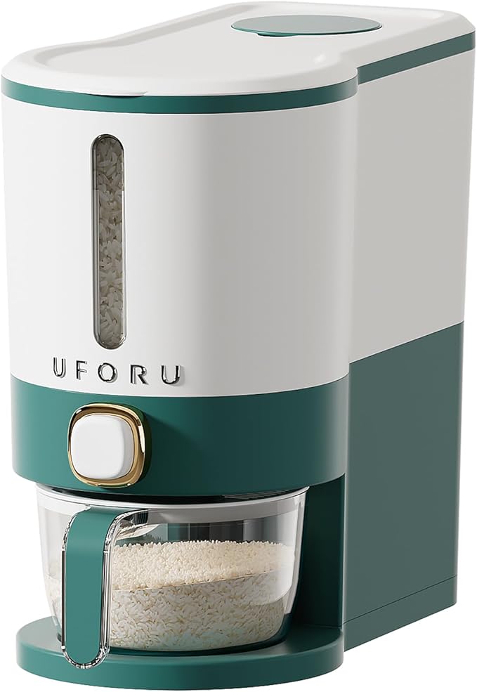 UFORU Rice Dispenser, Rice Storage Container with Measuring Cup for Kitchen Pantry Household, Dry Food Storage Containers Airtight, Sealed Moisture Proof (Green 11 Lbs)