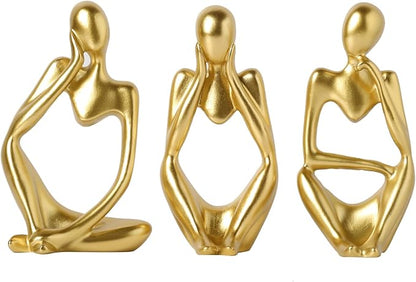 BrownLove 3pcs Golden Decor Thinker Statue Abstract Art Sculpture，Resin Collectible Figurines for Home Living Room Office Shelf Decoration