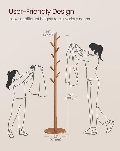 VASAGLE Solid Wood Coat Rack, Free Standing Hall Coat Tree with 8 Hooks, 3 Height Options, for Coats, Hats, Bags, Purses, for Entryway, Hallway, Rubberwood Hooks and Pole, Caramel Brown URCR009W01