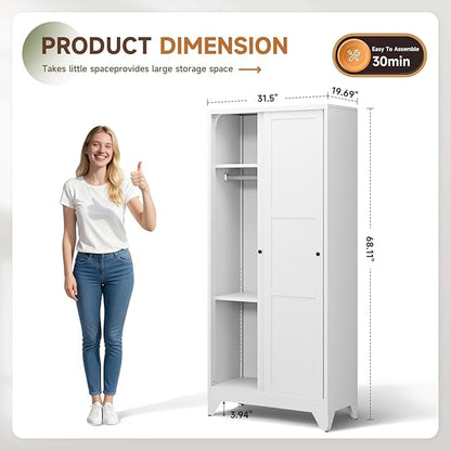 Letaya Metal Sliding Door Wardrobe Cabinets,68" Tall Armoire Wardrobe Closet with Sliding Doors and Shelves,Narrow Slim Coat Closet Cabinet with Hanging Rod,Space Saving for Home (White)