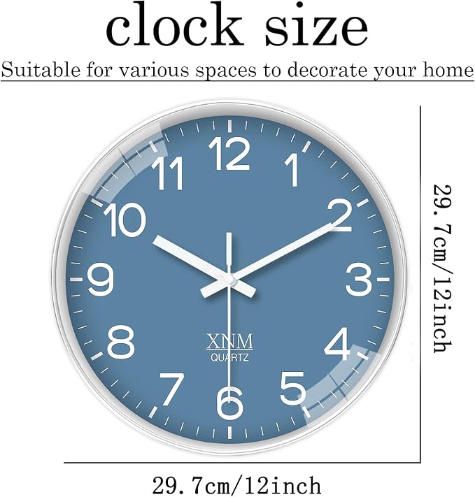 XNM Modern Wall Clocks Battery Operated Classic Analog Clock for Living Room Kitchen Bedroom Decor 12 Inch Simple Blue Wall Clock Silent Non Ticking