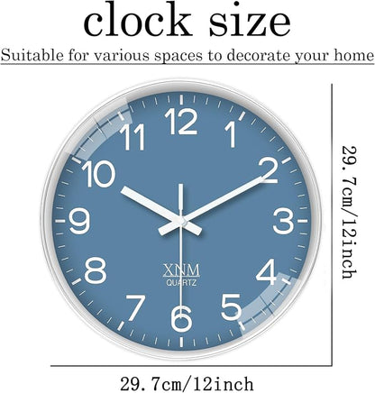 XNM Modern Wall Clocks Battery Operated Classic Analog Clock for Living Room Kitchen Bedroom Decor 12 Inch Simple Blue Wall Clock Silent Non Ticking