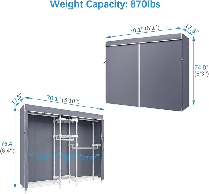 VIPEK Classic V6C Heavy Duty Covered Clothes Rack Portable Wardrobe Closet, 5 Tiers Wire Garment Rack White Metal Clothing Rack with Grey Oxford Cover, 70.1" L x 17.3" W x 76.4" H, Max Load 870 LBS