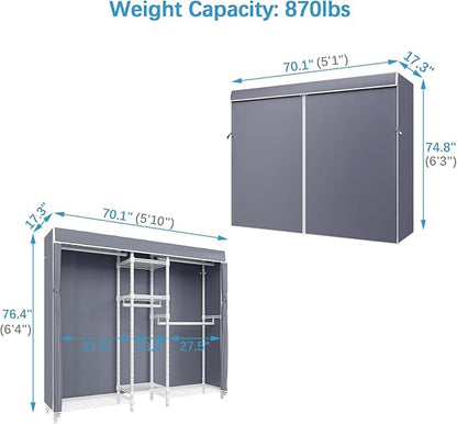 VIPEK Classic V6C Heavy Duty Covered Clothes Rack Portable Wardrobe Closet, 5 Tiers Wire Garment Rack White Metal Clothing Rack with Grey Oxford Cover, 70.1" L x 17.3" W x 76.4" H, Max Load 870 LBS